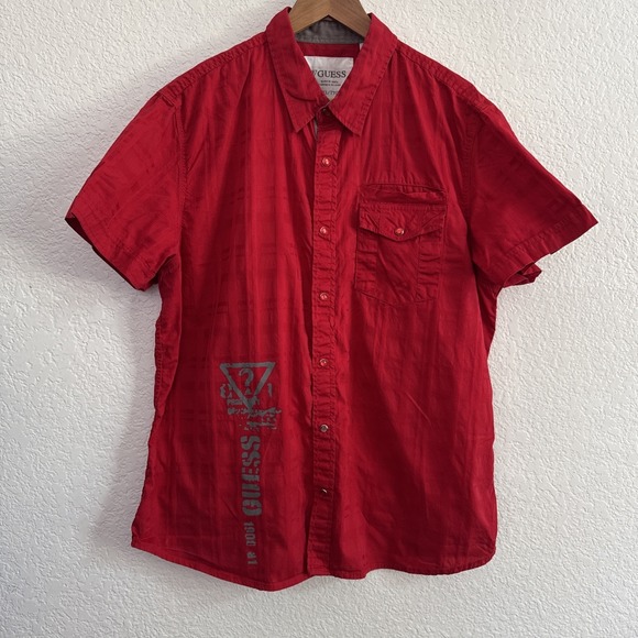 Guess Other - Guess Button Down Short Sleeve Red Snaps Front Logo Men's Size 2XL